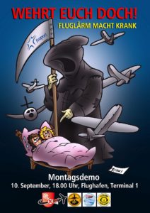 Plakat der Mainzer BI gegen Fluglärm zu einer Montagsdemo am Frankfurter Flughafen im September 2018. - Foto: gik 