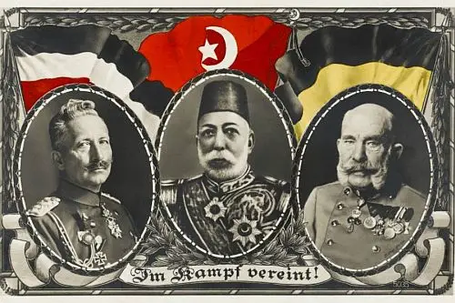 Postkarte Erster Weltkrieg mit Kaiser Wilhelm II., Sultan Mehmed V. und Franz-Joseph I. - Foto Uni Mainz