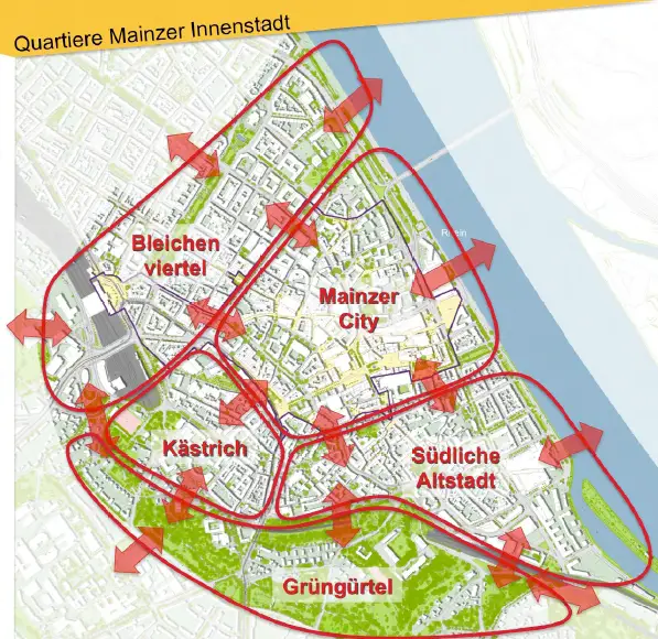 Die verschiedenen Quartiere der Mainzer Innenstadt - Grafik:  scheuvens + wachten