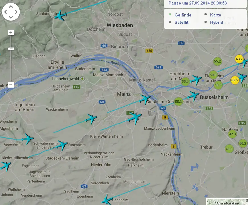 Rushour am Himmel über Mainz am 27.9., Samstagabend - Screenshot: gik