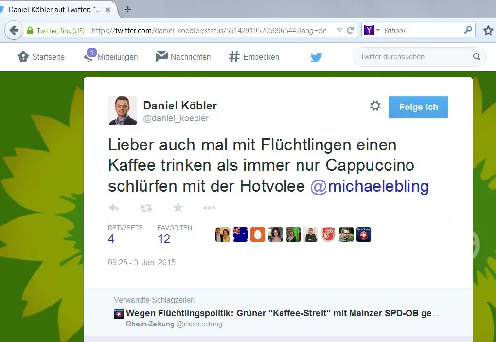 Der Tweet des Grünen-Fraktionschefs im Landtag, Daniel Köbler, zu Cappuccino und OB Ebling - Foto: gik