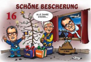Mehr Fluglärm bescheren die Hessen wieder einmal den Mainzern und Rheinhessen zum neuen Jahr - hier eine Karikatur aus 2016. - Grafik: Initiative gegen Fluglärm