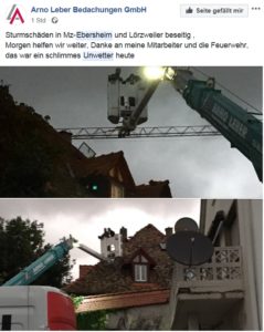 Auch Sturmtief "Fabienne" beschädigte schon im September 2018 mehrere Dächer in Mainz-Ebersheim. - Foto: Arno Leber
