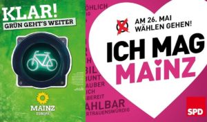 Ein grünes Wahlplakat neben einem Wahlplakat der Mainzer SPD - die beiden Parteien wollen auch künftig im Mainezr Stadtrat zusammenarbeiten - Foto: gik