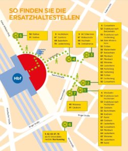Ersatzhaltestellen für die Sperrung des Mainzer Bahnhofsvorplatz im Sommer 2019 - Grafik: Mainzer Mobilität