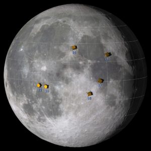 Die Landeplätze der Apollo-Missionen auf dem Mond, Apollo 11 ist rechts. - Foto: NASA