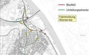 Baustelle auf der B9: Die Umleitung erfolgt über Mainz-Laubenheim, hier der erste Bauabschnitt. - Grafik: LBM