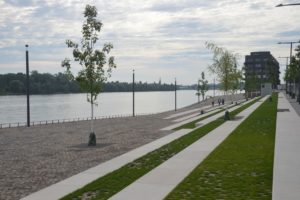 Einziges Grün am neuen Rheinufer im Zollhafen: die Treppenstufen. - Foto: gik