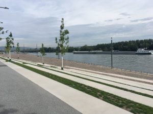 Binnenschiff vor dem Wohngebiet Mainzer Zollhafen mit neuem Südmole-Ufer. - Foto: gik