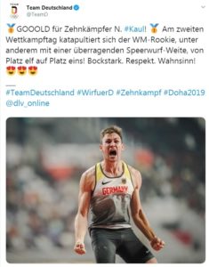 So gab das Team Deutschland bei der Leichtathletik-WM in Doha den Weltmeistersieg von Niklas Kaul auf Twitter bekannt. - Screenshot: gik
