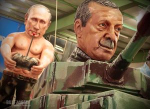 Der von Putin ferngesteuerte türkische Präsident Erdogan walzt Syrien mit dem Panzer nieder... Motiv eines Mainzer Motivwagens für den Rosenmontagszug 2020. - Foto: Gerald Trabold. 