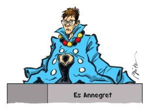 Motivwagen "Es Annegret" mit Noch-CDU-Chefin Annegret Kramp-Karrenbauer in viel zu großen Kleidern. - Zeichnung Michael Apitz