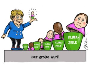 Motivwagen "Der große Wurf" zu Merkels Klimapaket. - Zeichnung: Michael Apitz
