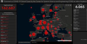 Karte der John Hopkins Universität zum Stand der weltweiten Infektionen mit dem Coronavirus am Sonntagabend. - Screenshot: gik