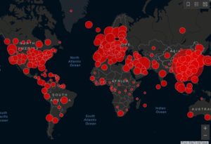 Ausbreitung der Infektionen mit dem Coronavirus am 16. März 2020 weltweit, Karte: John Hopkins Universität. - Screenshot: gik