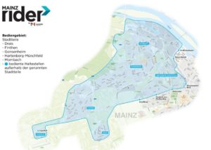 Karte des Verbreitungsgebietes der künftigen MainzRIDER. - Grafik: Mainzer Mobilität