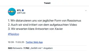 Reaktion des Fernsehsenders RTL auf das Naidoo Video auf Twitter. - Foto: gik