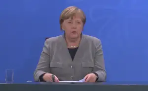 Bundeskanzlerin Angela Merkel (CDU) in der Pressekonferenz zur Verlängerung der Kontaktsperre bis 3. Mai. - Screenshot: gik