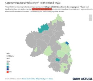 Karte der Neuinfektionen mit dem Coronavirus pro 100.000 Einwohner in Rheinland-Pfalz. - Quelle: SWR, Screenshot: gik