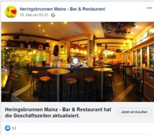 Wie viele Gäste waren in der Kneipe "Heringsbrunnen" am 18. Mai erlaubt - und wie viele gleichzeitig vor Ort? - Screenshot von Facebook, öffentliches Profil Heringsbrunnen