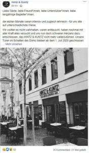 Facebookpost zur Schließung des Hintz und Kuntz zum Juli 2020. - Screenshot: gik
