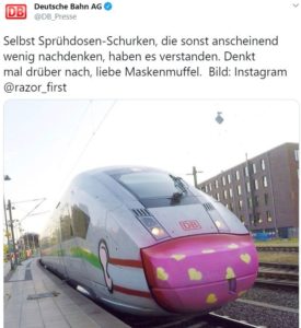 Bei der Deutschen Bahn tragen selbst die ICE Maske - Dank innovativer Spraydosenkünstler. Legendärer Tweet der Deutschen Bahn. - Screenshot: gik