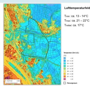 Karte mit Lufttemperaturen zum gebiet des Wiesbadener Ostfelds (umrandet), unten der Rhein. - Grafik: Ökoplana, Foto: gik