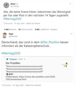 Twitter-Reaktionen auf die Panne beim bundesweiten #Warntag2020. - Fotos: gik