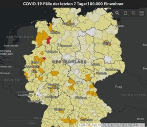 Karte der Coronainfektionen mit aktuellen Hotspots in Rot vom 06.10.2020, RKI - Screenshot: gik