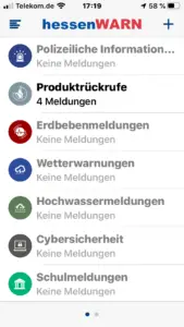 Kategorien für Warnmeldungen in der hessenWARN-App. - Screenshot; gik