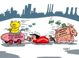 Erzieherinnen in der Corona-Pandemie - so karikierte ihre Lage der Cartoonist Ralf Böhme schon vor einem Jahr. - Karikator: Rabe Cartoon. 