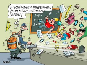 Stoßlüften in Schulen - der Karikaturist Ralf Böhme hat sich darauf einen Reim gemacht. – Copyright: RABE-Cartoon