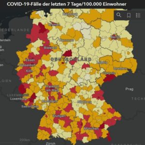 Die Landkarte Deutschlands färbt sich zunehmend tiefrot: Die Corona-Infektionen nehmen stark zu. - Karte: RKI, Screenshot: gik
