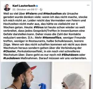 Facebook-Post von Karl Lauterbach über private Feiern und die Ansteckungsgefahr in Innenräumen. - Screenshot: gik