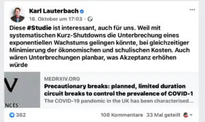 Post von Karl Lauterbach zu einer Studie über Wellenbrecher-Lockdowns. - Screenshot: gik