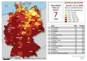 Karte der Corona-Hotspots in Deutschland am 12. November 2020 laut RKI - Mainz liegt auf Platz 13. - Foto: gik
