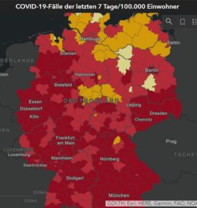 Die Deutschland-Karte wird langsam wieder gelber, eine echte Entspannung ist das aber noch nicht, sagt das RKI. - Grafik: RKI, Screenshot: gik