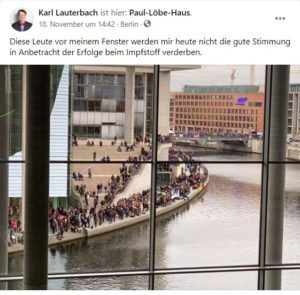 Post des SPD-Politikers Karl Lauterbach am 18. November zur Querdenker-Demo in Berlin. - Screenshot: gik