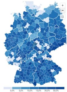 Die Anzahl freier Intensivbetten in Deutschland am dritten Adventssonntag laut DIVI-Intensivbettenregister: je dunkler, desto weniger. - Foto: gik