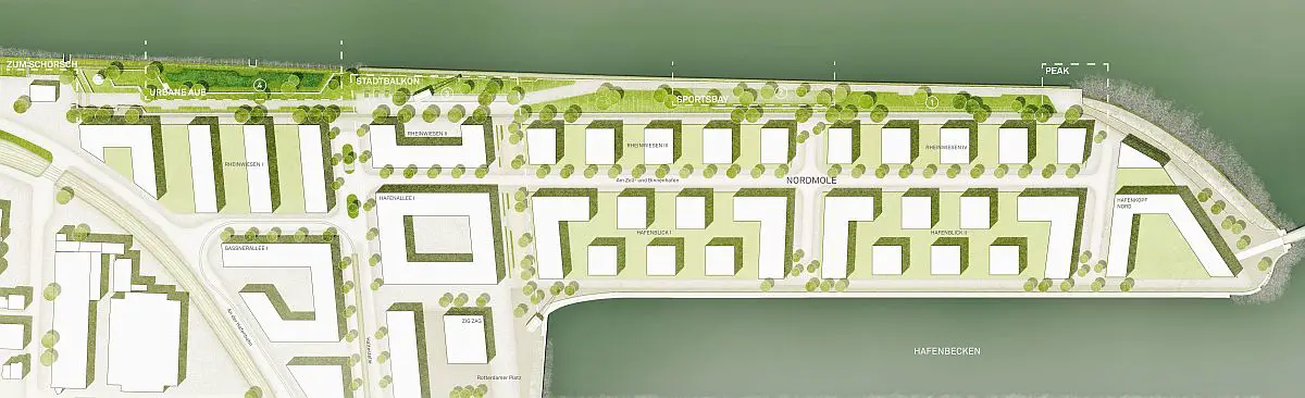 Plan der Landschaftsarchitekten von SINAI für das Grünufer der Nordmole im Mainzer Zollhafen. - Grafik: SINAI 