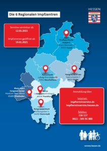 Übersicht über die sechs regionalen Impfzentren in Hessen, die im ersten Schritt am 19. Januar öffnen. - Grafik: Land Hessen