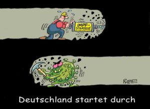 Deutschlands Impfstrategie: verpeilt, verpennt, am Virus vorbei - so sieht es auch der Karikaturist Ralf Böhme. - Copyright: RABE Cartoon