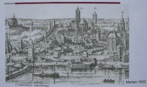 Ansicht der Stadt Mainz von Merian aus dem Jahr 1633, vorne am Rhein ist deutlich die vorspringende Bastionsmauer zum Rhein zu sehen. - Quelle: Landesarchäologie, Foto: gik