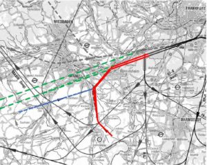 Die rote Linie zeigt den "Segmented Approach", die Anflugroute aus dem Süden von Mainz auf den Frankfurter Flughafen. - Grafik: DFS