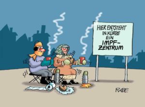 Das Warten auf die Impfungen in Deutschland geht nach Rückschlägen weiter. - Karikatur: RABE Cartoon