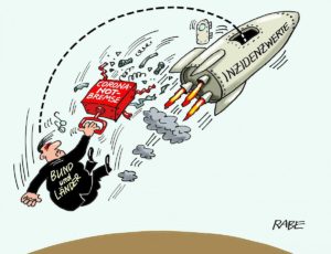 Die bisherige Notbremse hat die Corona-Inzidenzen nicht wirklich gestoppt - Karikaturist Ralf Böhme setzt das bildhaft um. - Copyright: RABE Cartoon