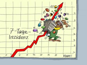 Der Osterhase kämpft mit einer hochschießenden Corona-Inzidenz - diese Karikatur zeichnete Ralf Böhme vor ziemlich genau einem Jahr. - Grafik: RABE Cartoon