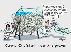 Lotterie der Impftermine: Viel zu viele Wartende, viel zu wenig Impfstoff - so sieht es Karikaturist Ralf Böhme. - Copyright: Rabe Cartoon