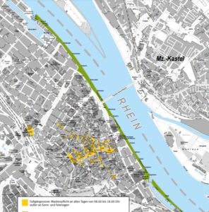 Karte mit den Zonen der Maskenpflicht in Mainz - ab Mittwoch entfällt die grüne Linie. - Grafik: Stadt Mainz