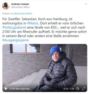 Bericht des Obdachlosen Sebastian auf Twitter. - Screenshot: gik